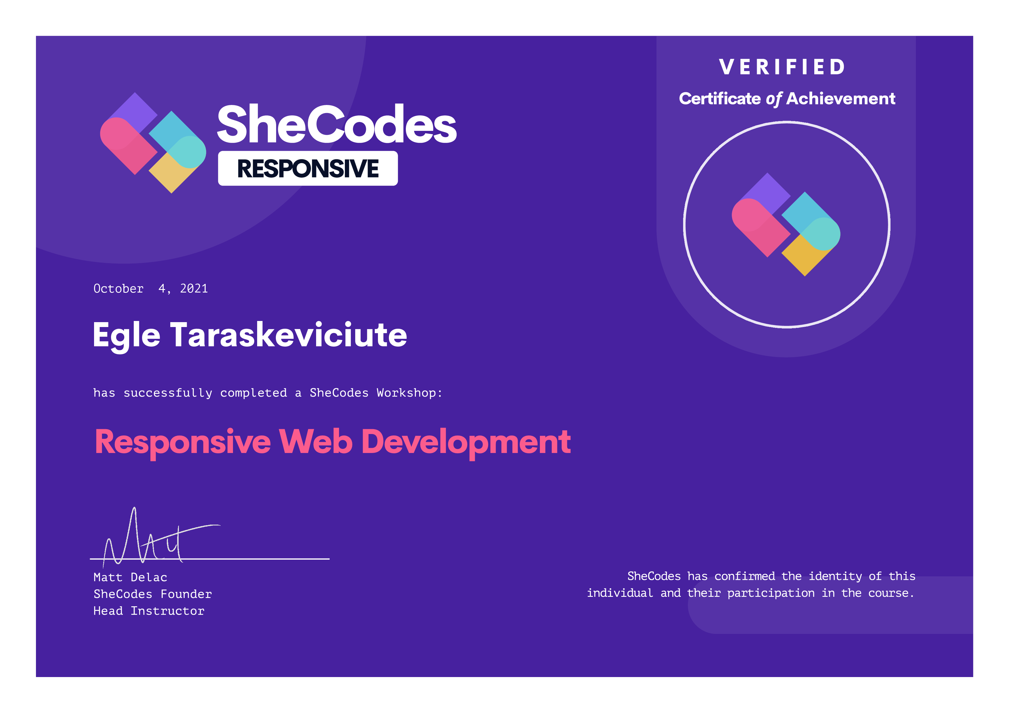 SheCodes Responsive certificate of completion